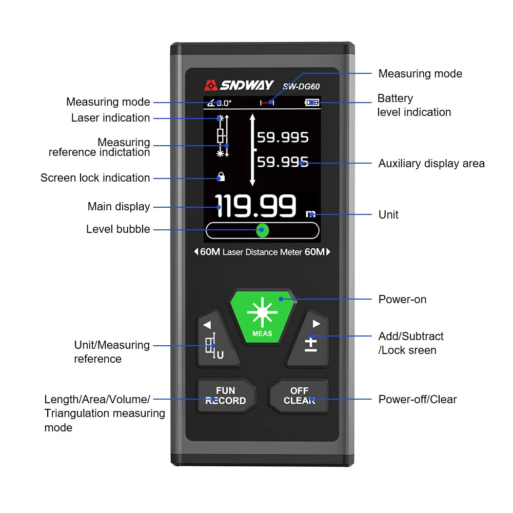 SW-DG60 Laser Distance Meter 2 Way Laser Measure Meter 60M 100M Range Finder Red Green Laser Two-way Range Finder SW-DG60 Laser Distance Meter 2 Way Laser Measure Meter 60M 100M Range Finder Red Green Laser Two-way Range Finder